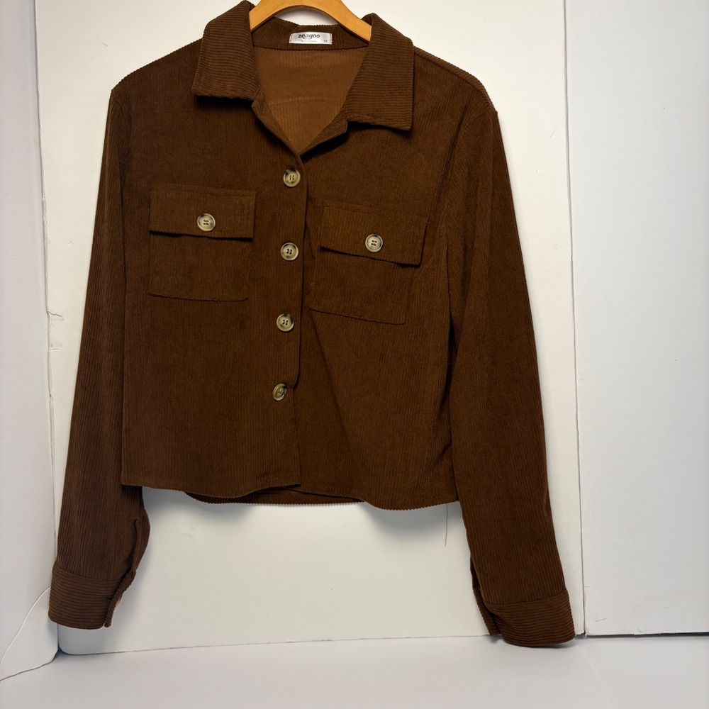 Zeagoo‎ Brown Corduroy Button Down Shirt Jacket Cropped Pockets XS